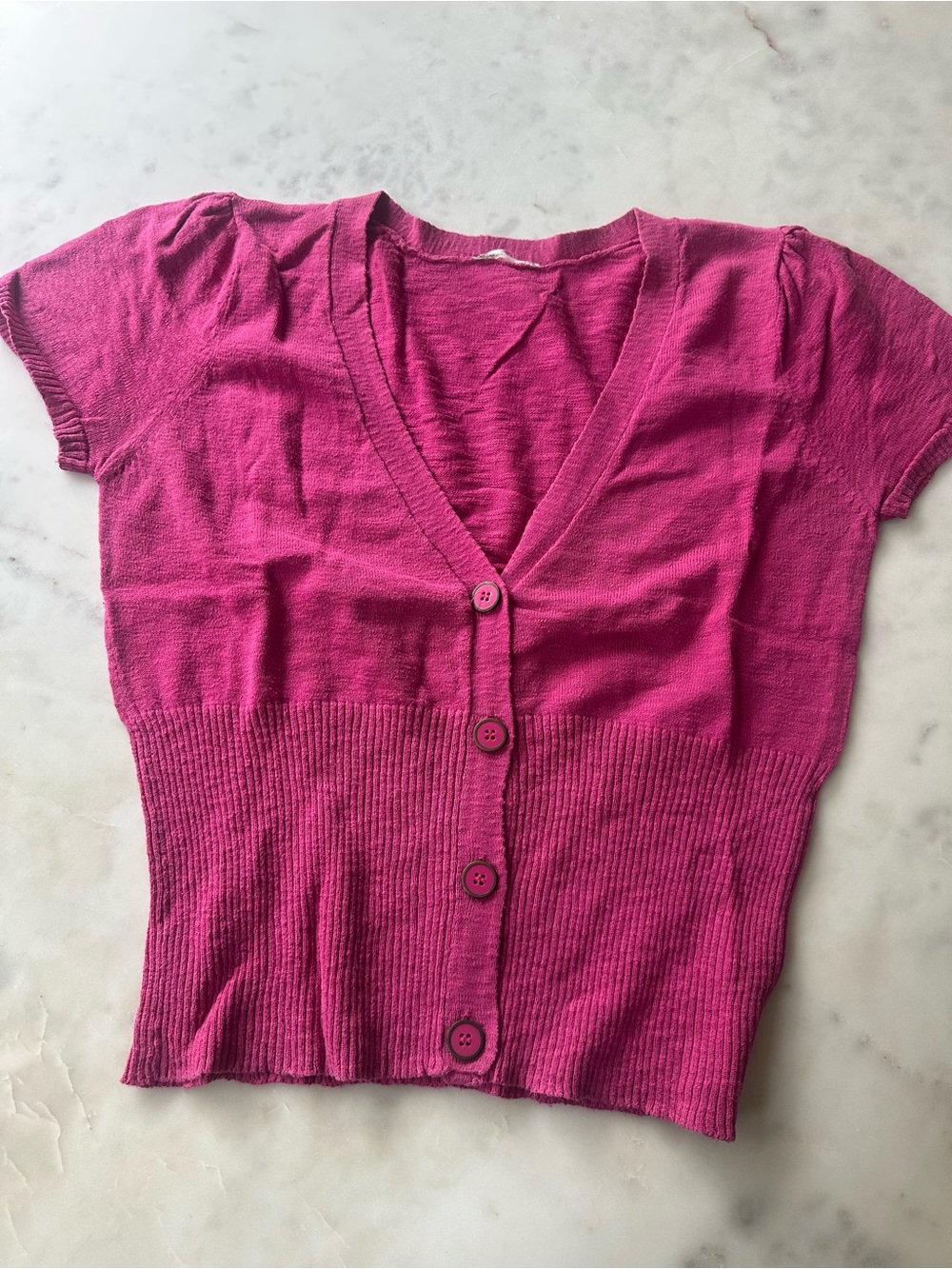 Women's Fuchsia Short-Sleeve Button Cardigan
